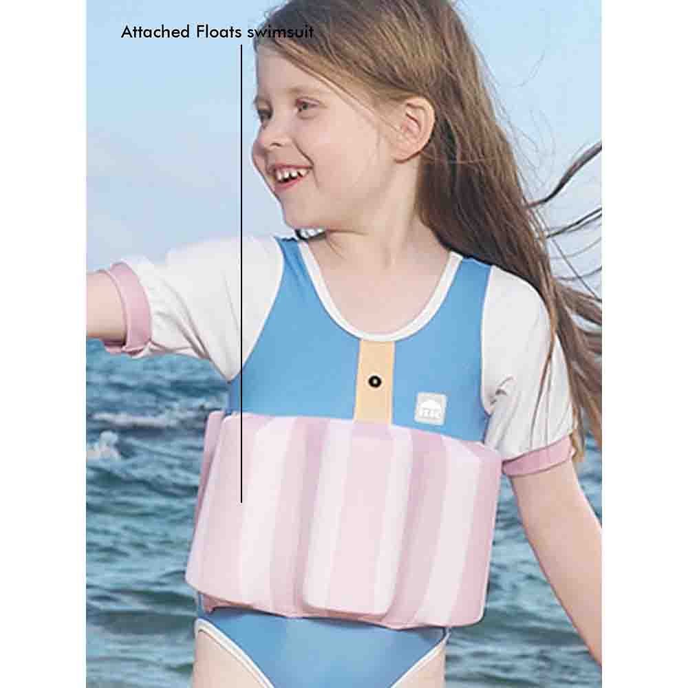 Little Surprise Box Powder Blue & Pink Stripes Kids Swimsuit with attached Swim Floats +tie up cap in UPF 50+