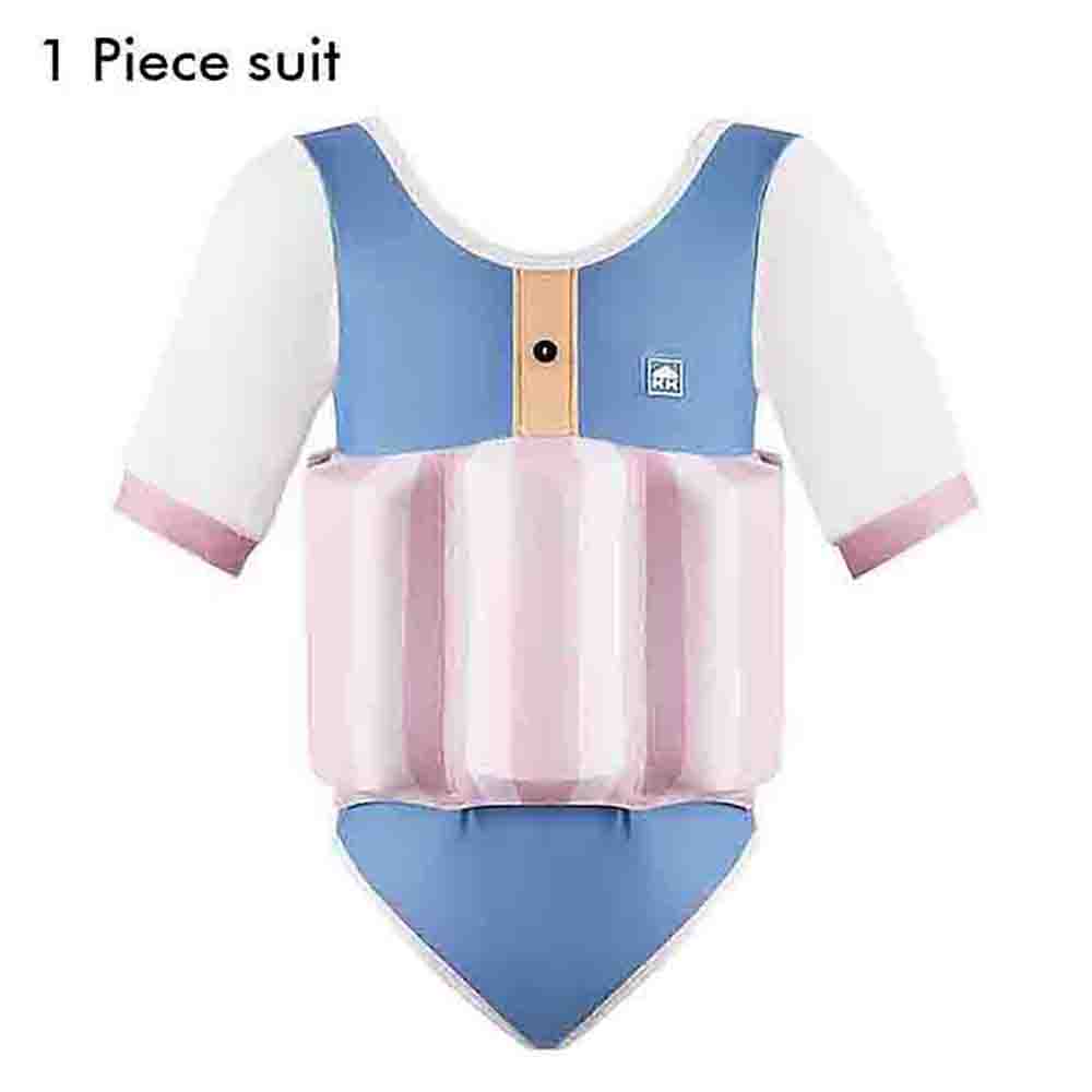 Little Surprise Box Powder Blue & Pink Stripes Kids Swimsuit with attached Swim Floats +tie up cap in UPF 50+