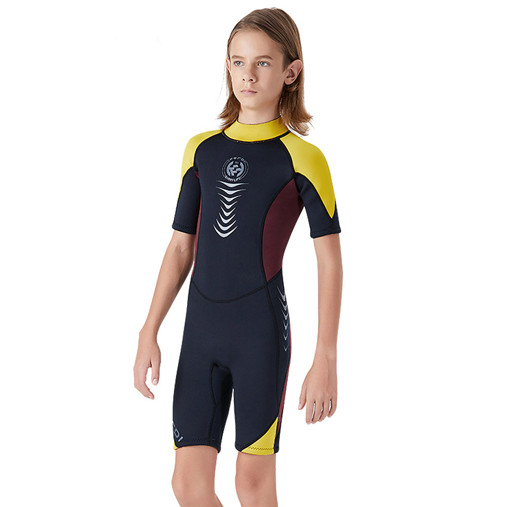 Little Surprise Box Colorblock Yellow & Black 2.5mm Neoprene Knee Length Kids Swimsuit, Half Sleeves Swimwear