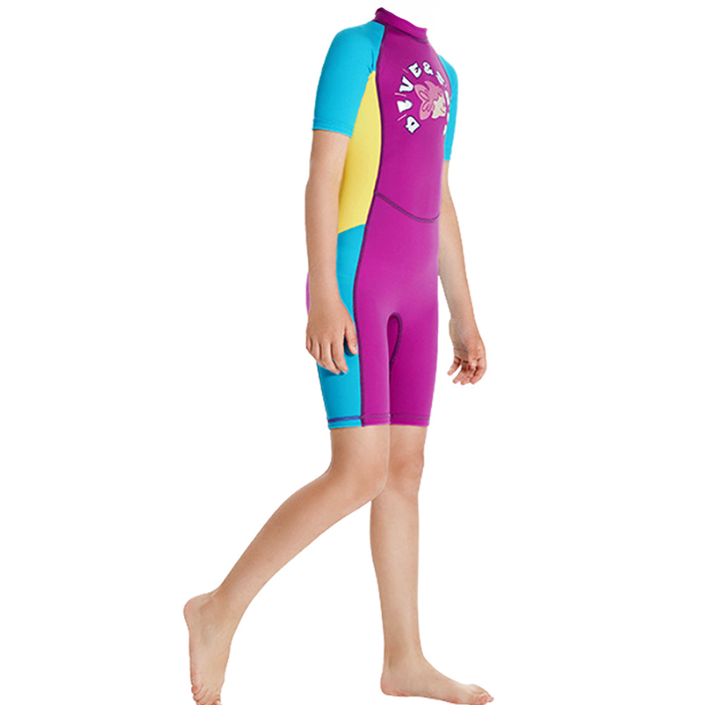 Knee Length Dive Mauve Mermaid Color Block Printed Kids Swimwear In Upf 50+ Fabric