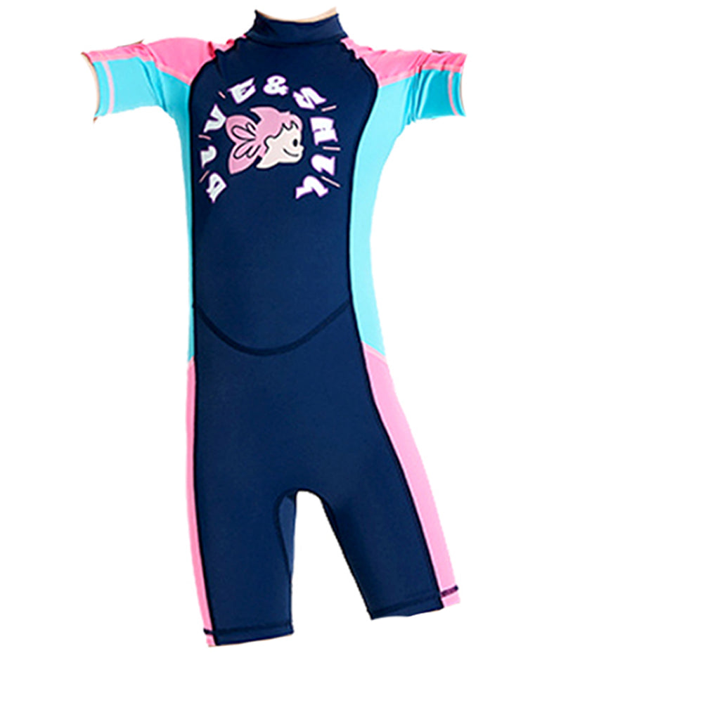 Knee Length Dive Navy Mermaid Color Block Printed Kids Swimwear In Upf 50+ Fabric