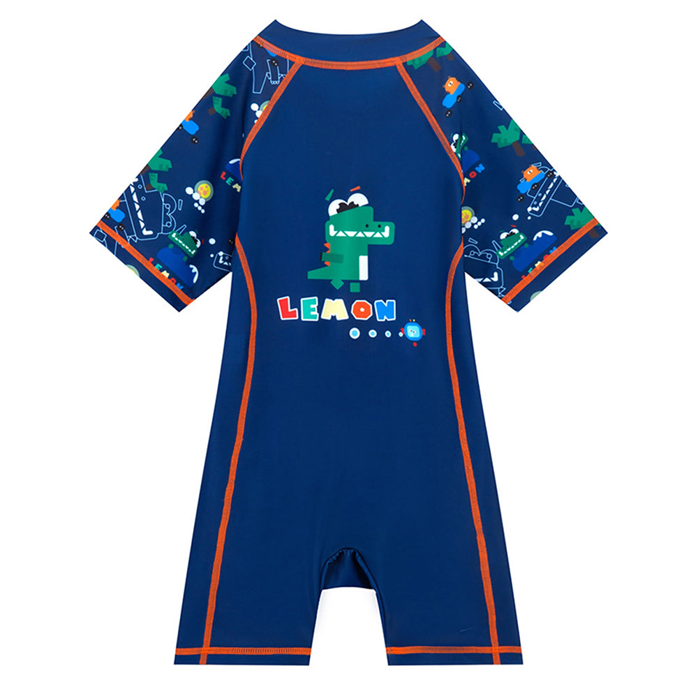 Dark Blue Geometric Alligator Kids Swimwear with matching Swim Cap with UPF 50+