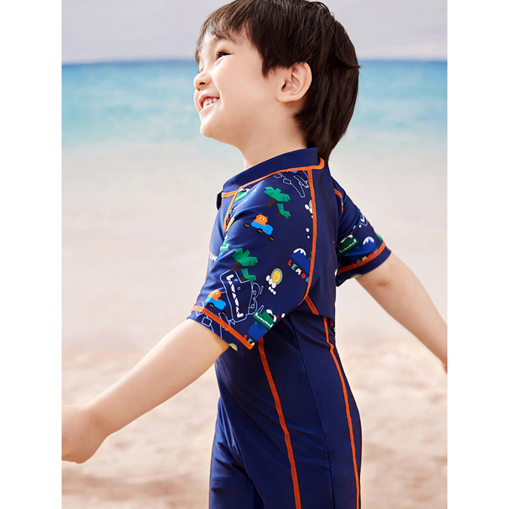 Dark Blue Geometric Alligator Kids Swimwear with matching Swim Cap with UPF 50+