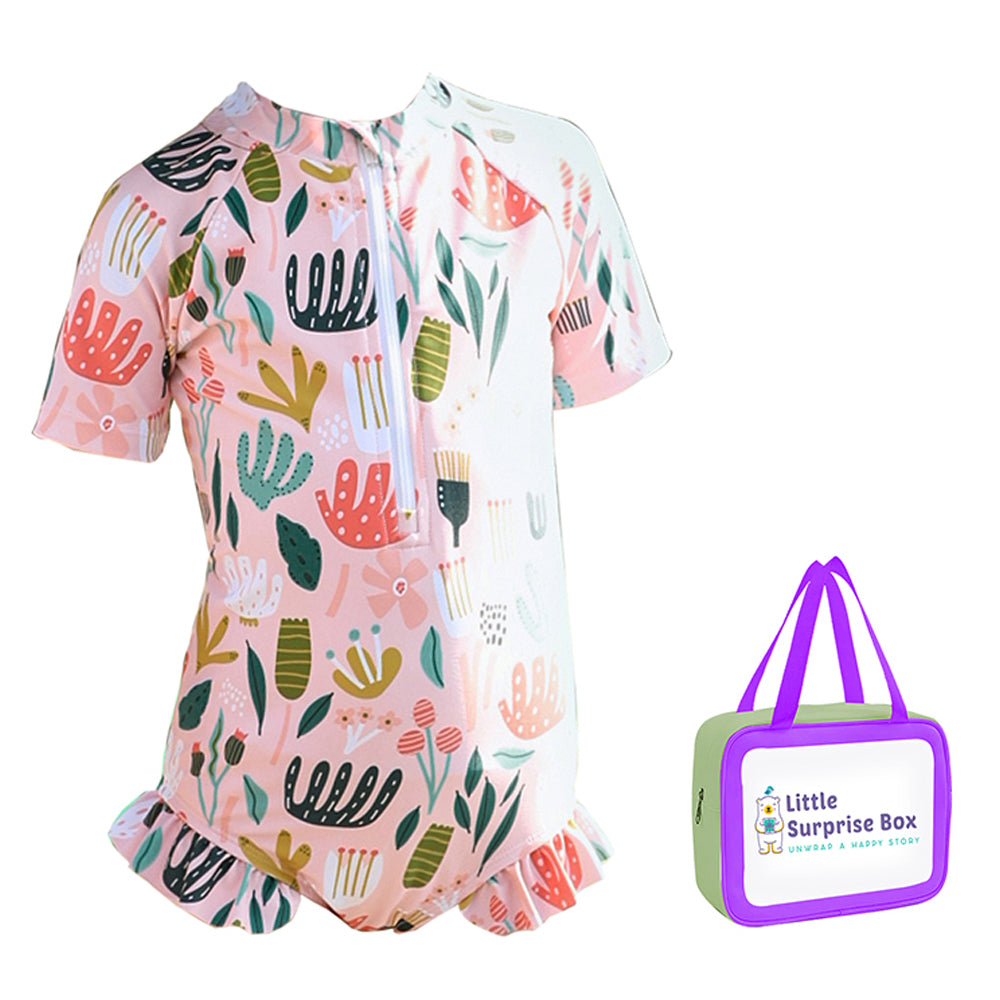 Little Surprise Box,Frilly Happy Cactus Print Toddlers & Kids Swimwear +Swim Cap
