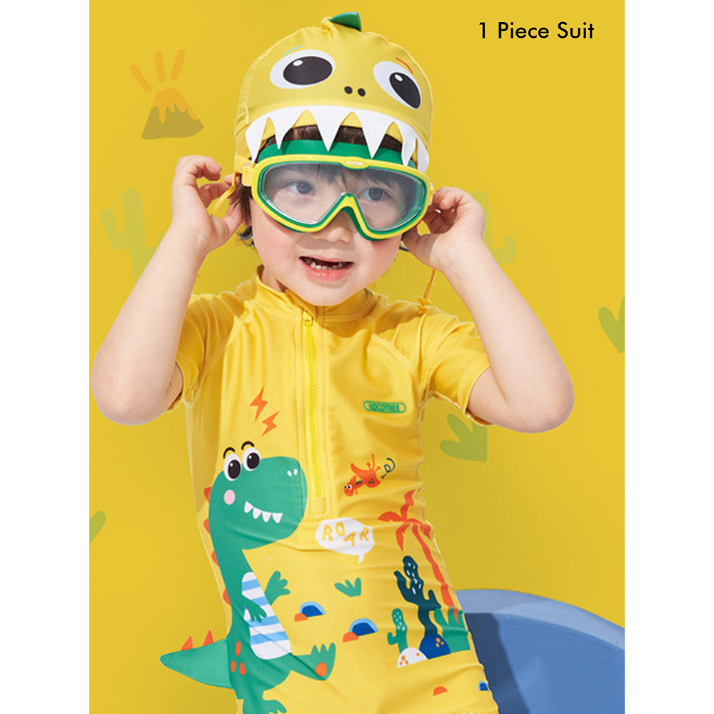 Little Surprise Box 3d Tail Yellow Volcano Dino Print Swimwear for Kids & Toddlers with UPF 50+