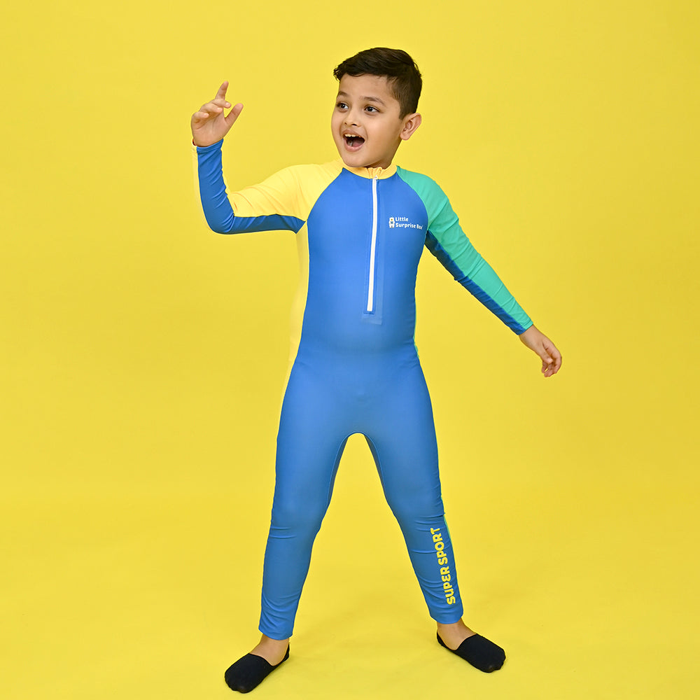 Little Surprise Box,Blue Tri Colour Super Sport Swimwear for Toddlers Kids with UPF 30+