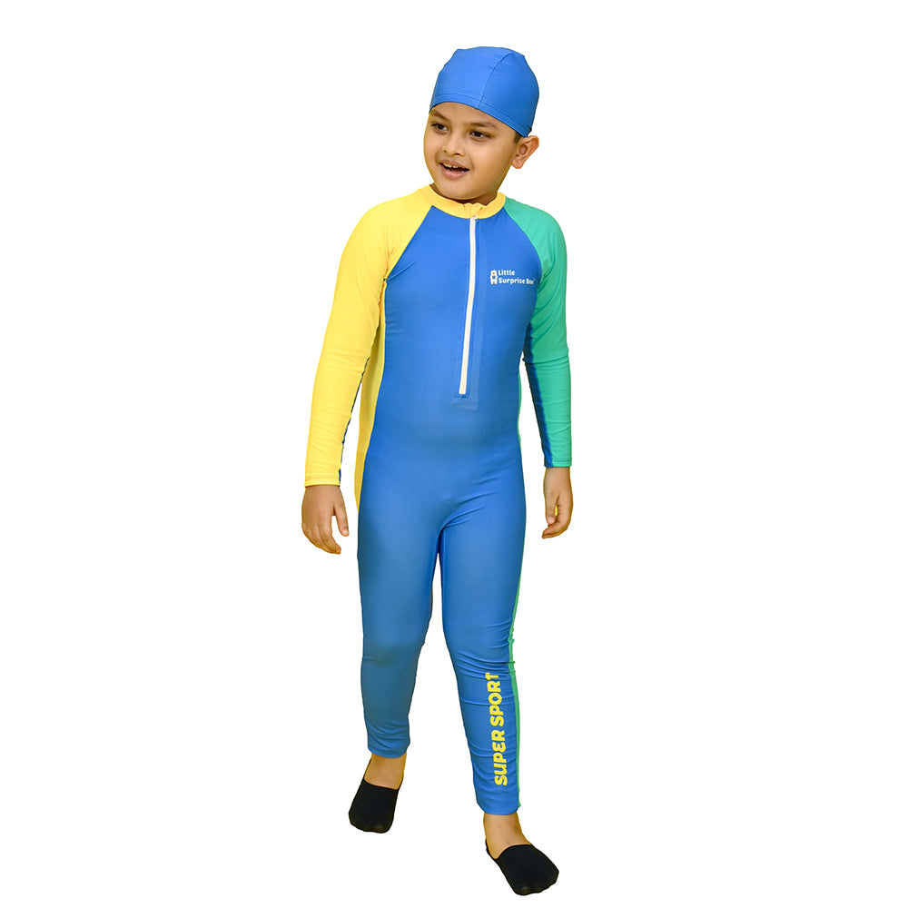 Little Surprise Box,Blue Tri Colour Super Sport Swimwear for Toddlers & Kids with UPF 30+