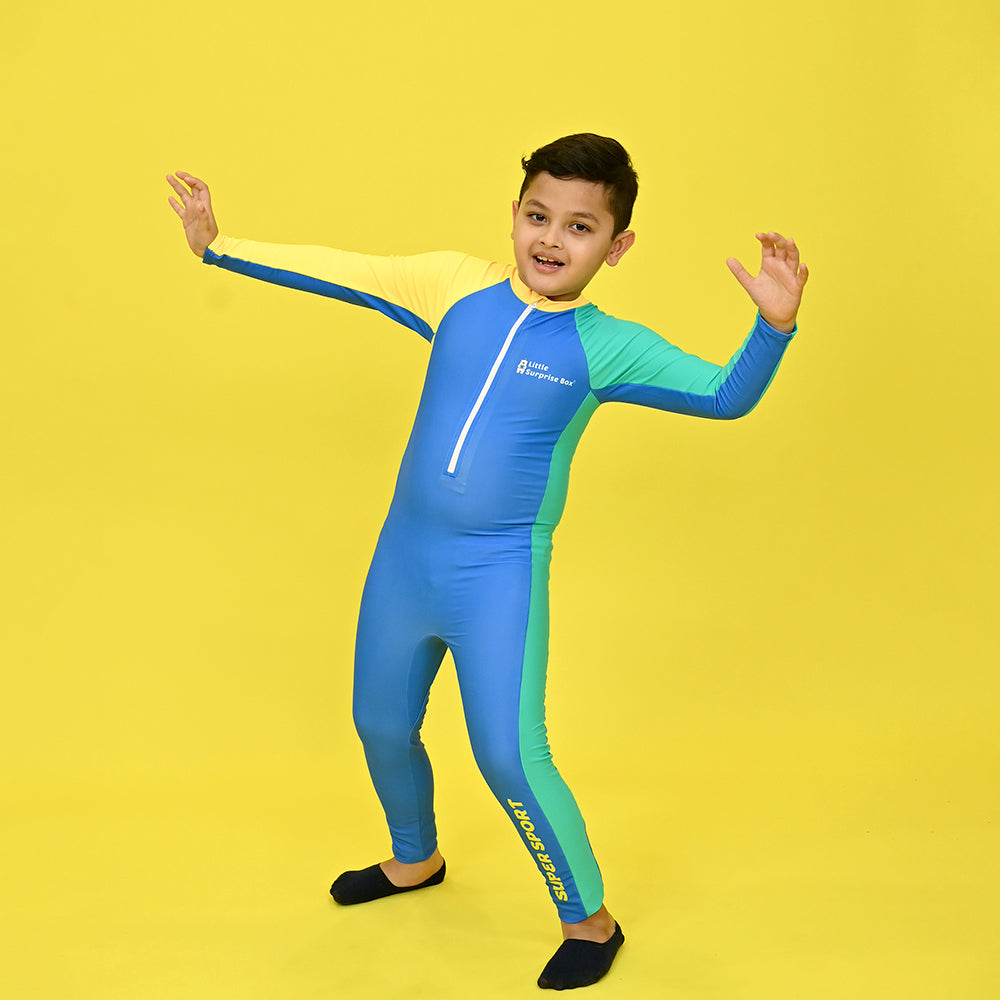 Little Surprise Box,Blue Tri Colour Super Sport Swimwear for Toddlers & Kids with UPF 30+