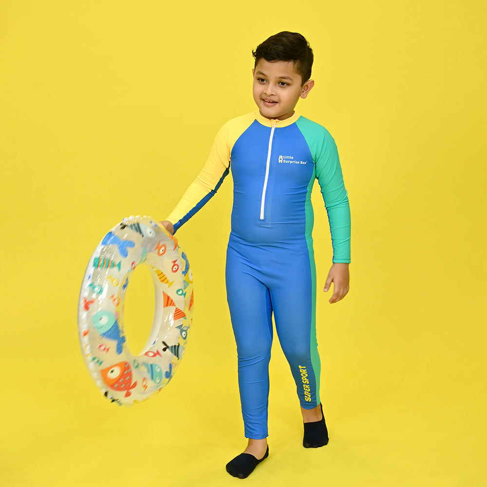 Little Surprise Box,Blue Tri Colour Super Sport Swimwear for Toddlers & Kids with UPF 30+