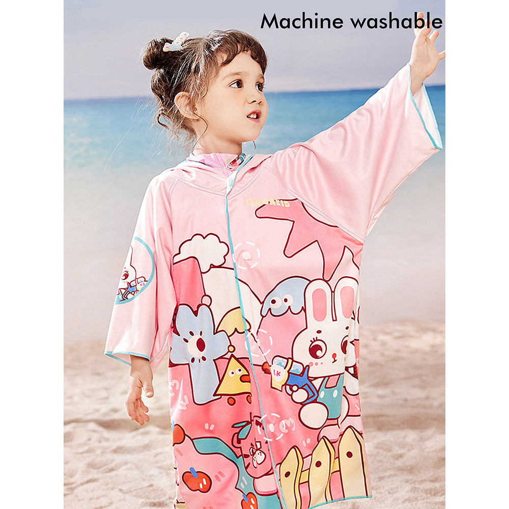 Pink Bunny Lightweight Microfibre Hooded Swim Poncho/ Beach Coverup Towel For Kids