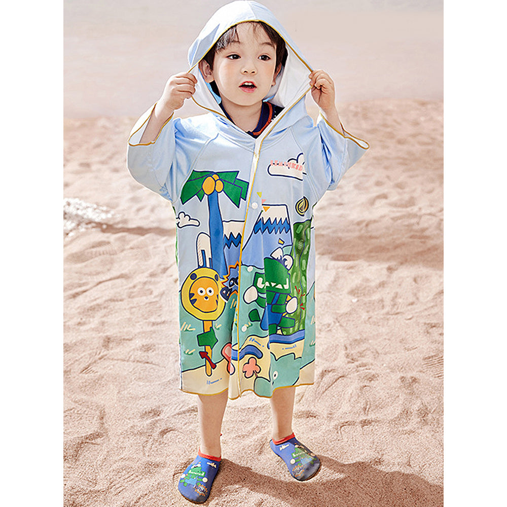 Blue Dino Lightweight Microfiber Hooded Swim Poncho/ Beach Coverup Towel For Kids.