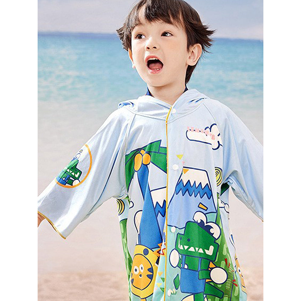 Blue Dino Lightweight Microfiber Hooded Swim Poncho/ Beach Coverup Towel For Kids.