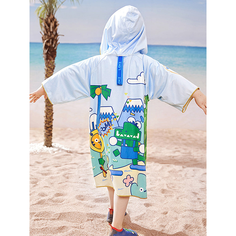 Blue Dino Lightweight Microfiber Hooded Swim Poncho/ Beach Coverup Towel For Kids.