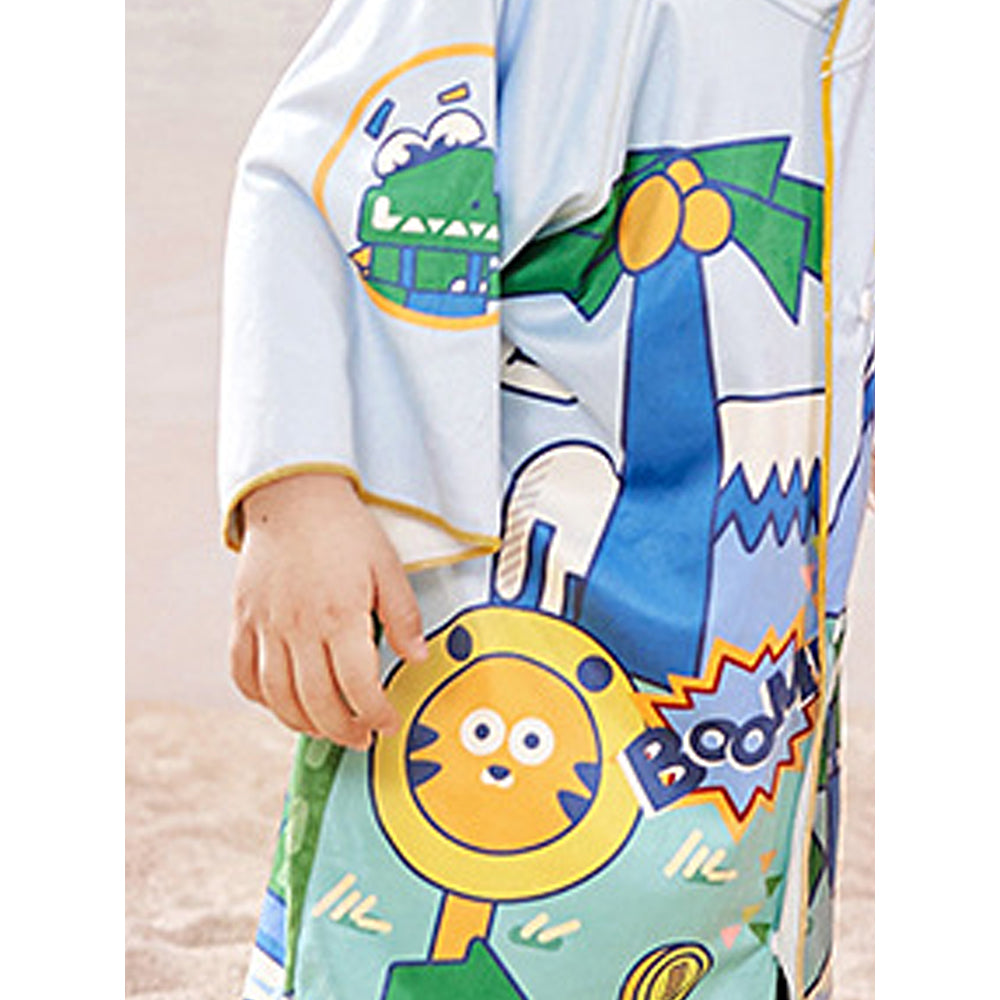 Blue Dino Lightweight Microfiber Hooded Swim Poncho/ Beach Coverup Towel For Kids.