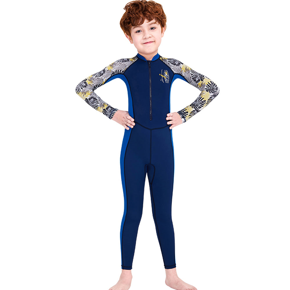 Full Sleeves Kids Swimwear Blue & Dark Blue Palm Leaves printed Sleeves, UPF 50+