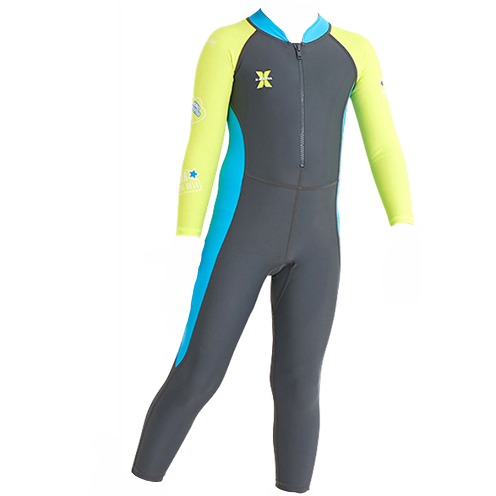 Grey Fluroscent Quote Sleeves Full Lenth Kids Swimwear With Upf 50+ Feature