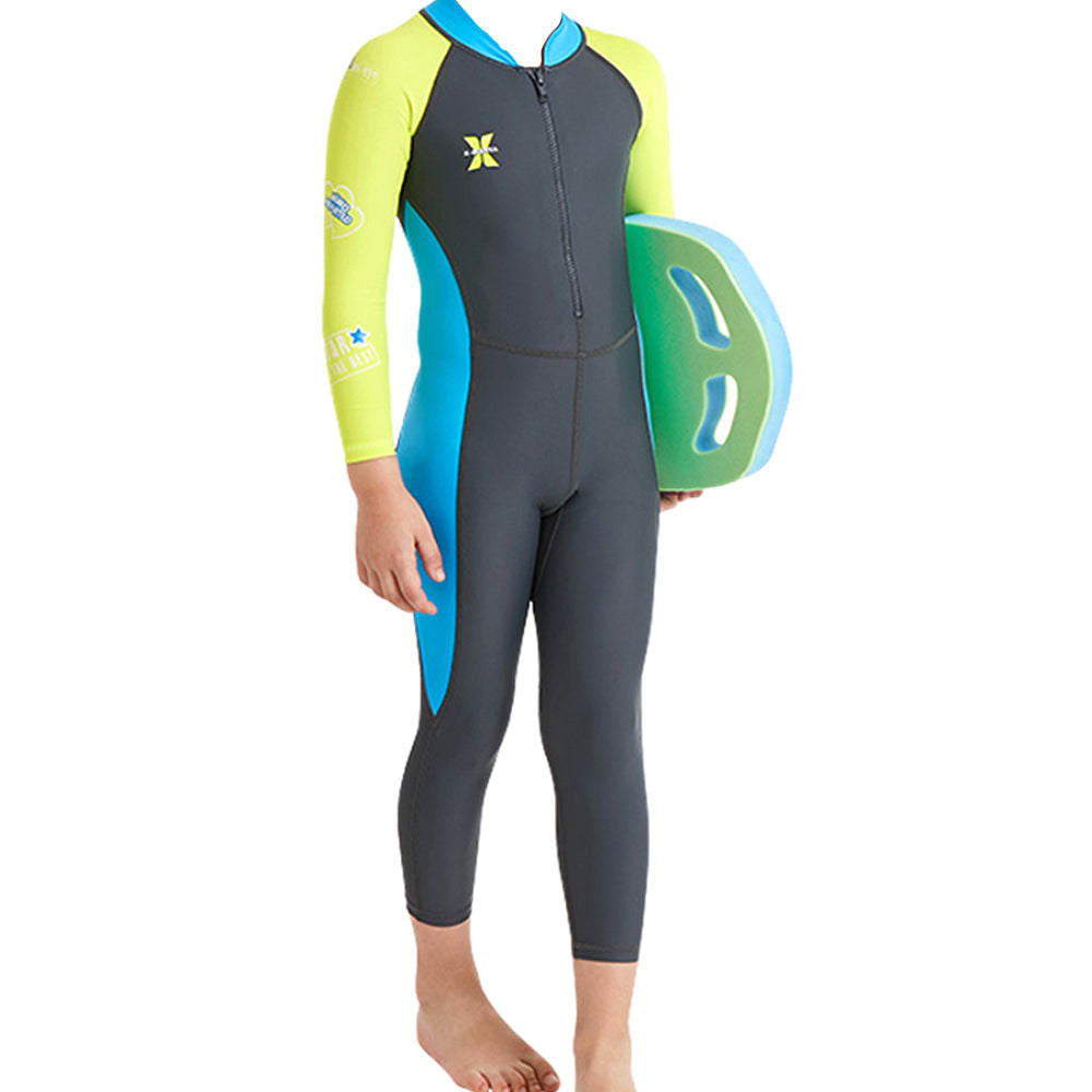 Grey Fluroscent Quote Sleeves Full Lenth Kids Swimwear With Upf 50+ Feature