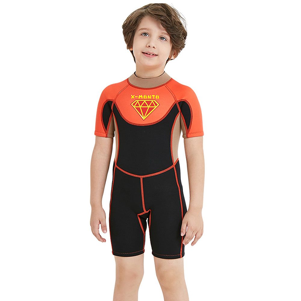 Little Surprise Box Superhero Brown & Orange 2.5mm Neoprene Knee Length Kids Swimsuit, Half Sleeves Swimwear