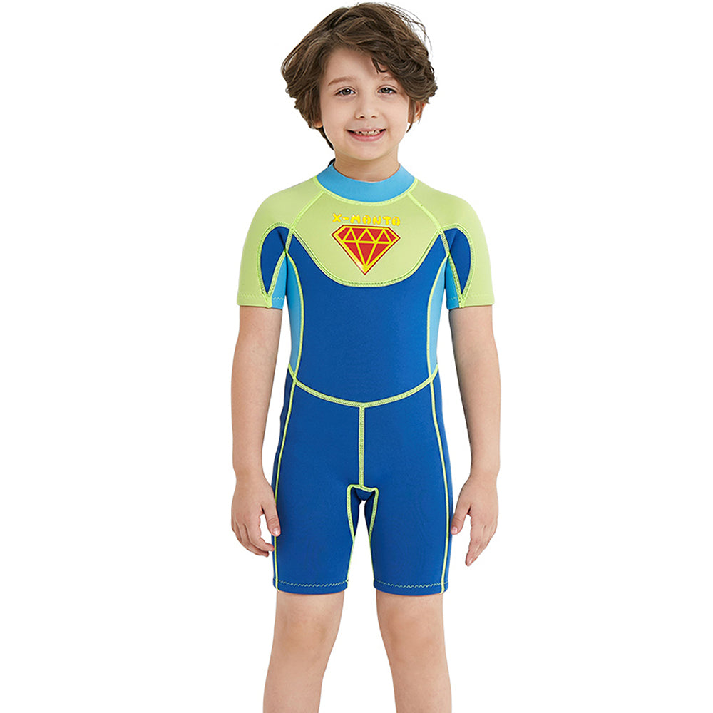 Little Surprise Box Superhero Green & Blue 2.5mm Neoprene Knee Length Kids Swimsuit, Half Sleeves Swimwear