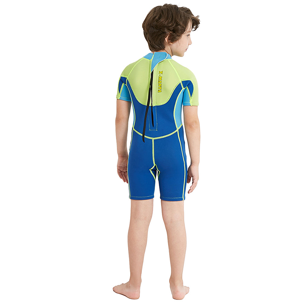 Little Surprise Box Superhero Green & Blue 2.5mm Neoprene Knee Length Kids Swimsuit, Half Sleeves Swimwear