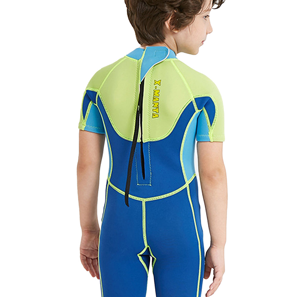 Little Surprise Box Superhero Green & Blue 2.5mm Neoprene Knee Length Kids Swimsuit, Half Sleeves Swimwear