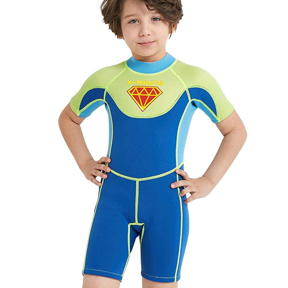 Little Surprise Box Superhero Green & Blue 2.5mm Neoprene Knee Length Kids Swimsuit, Half Sleeves Swimwear