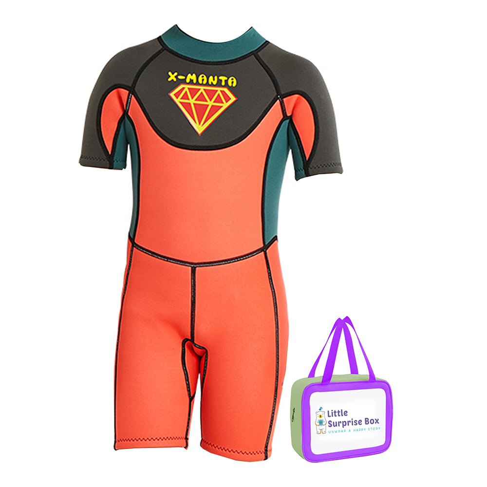 Little Surprise Box Superhero Green & Orange 2.5mm Neoprene Knee Length Kids Swimsuit, Half Sleeves Swimwear