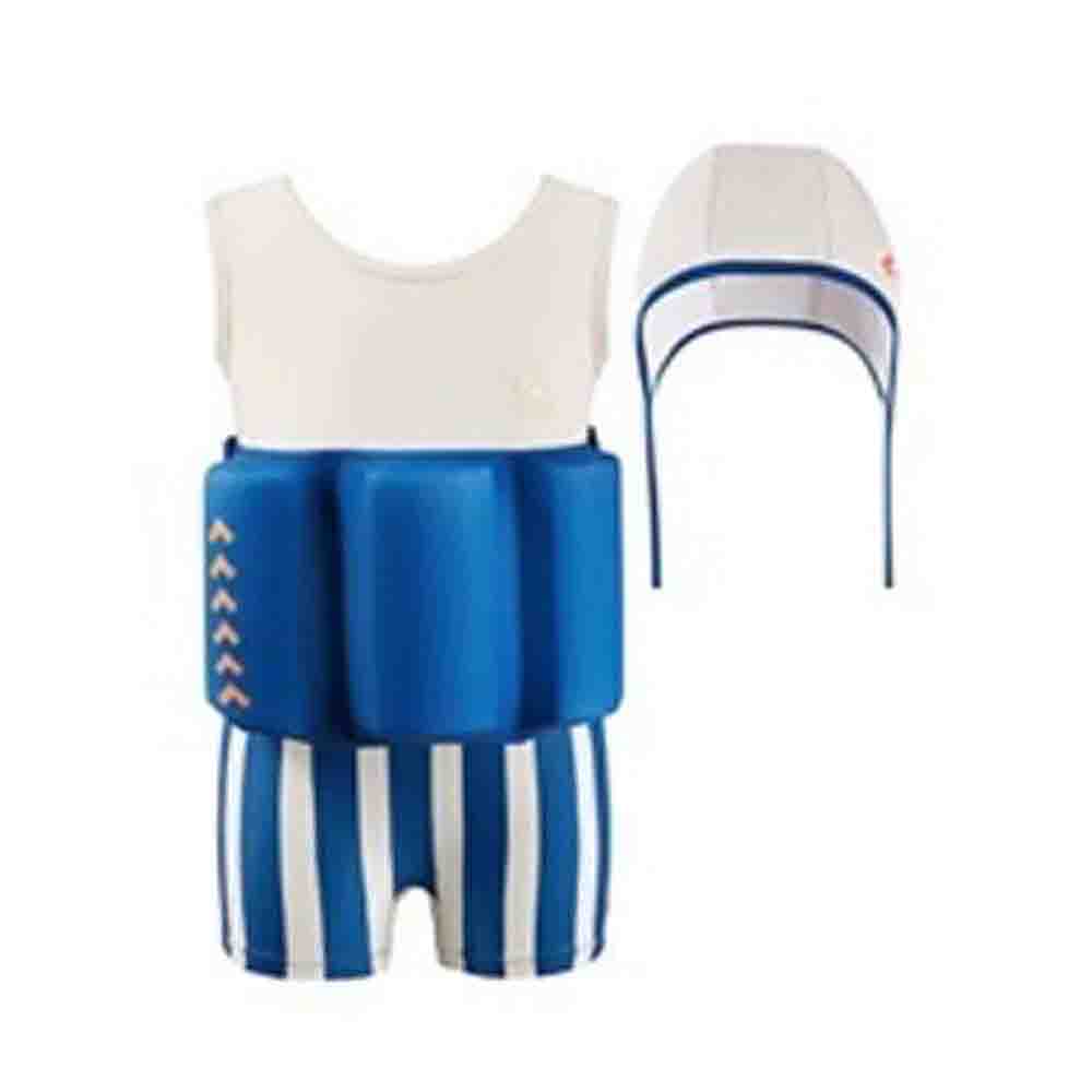 Little Surprise Box White & Blue Stripes Kids Swimsuit with attached Swim Floats +tie up cap in UPF 50+