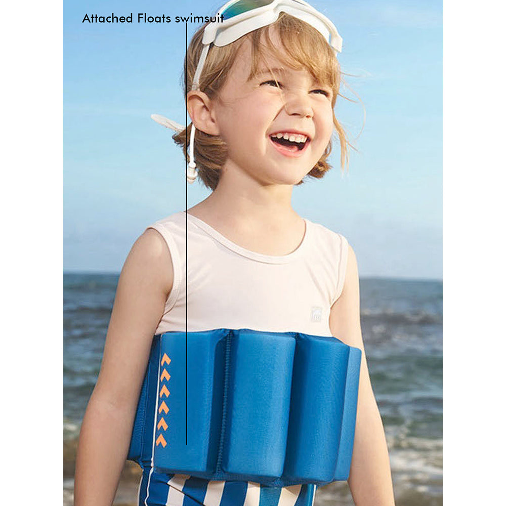 Little Surprise Box White & Blue Stripes Kids Swimsuit with attached Swim Floats +tie up cap in UPF 50+