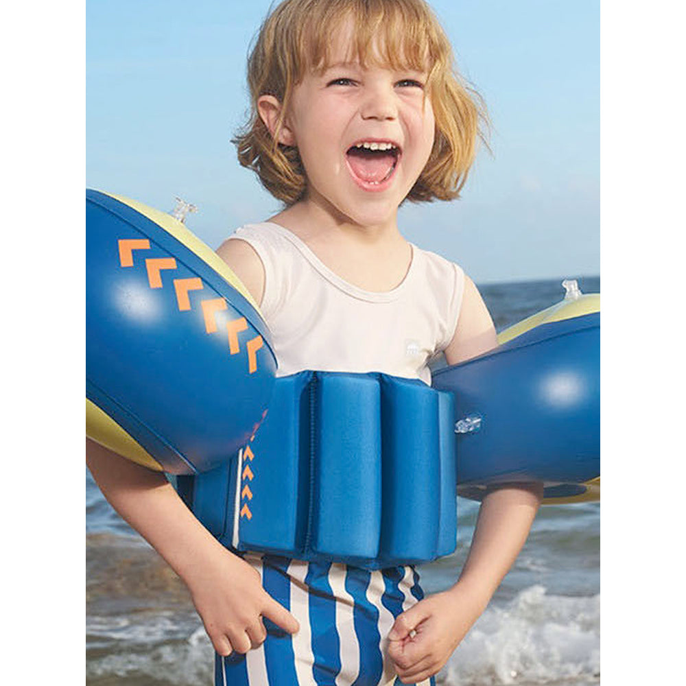 Little Surprise Box White & Blue Stripes Kids Swimsuit with attached Swim Floats +tie up cap in UPF 50+