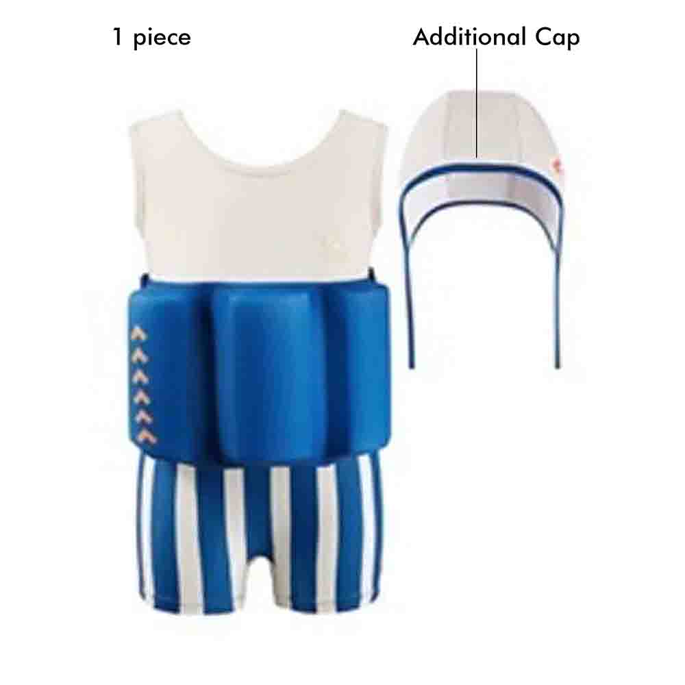 Little Surprise Box White & Blue Stripes Kids Swimsuit with attached Swim Floats +tie up cap in UPF 50+