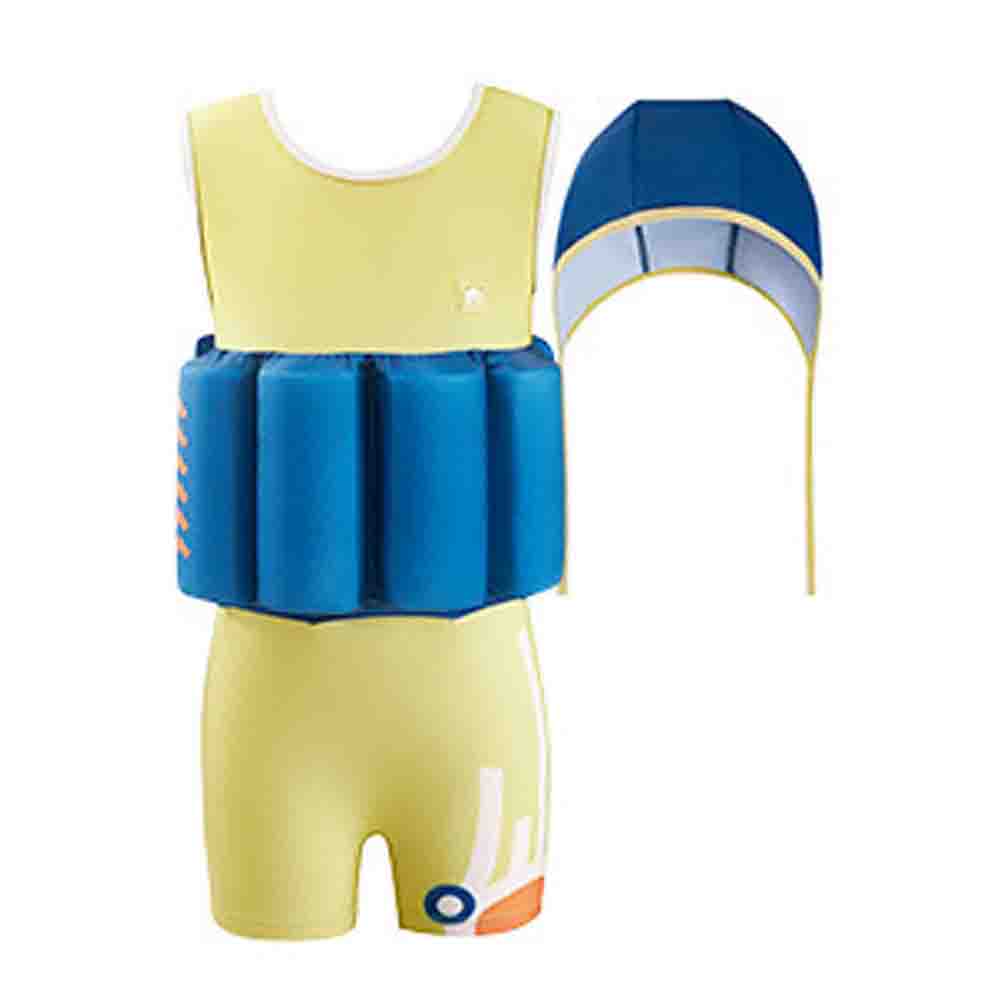 Little Surprise Box Yellow & Blue Kids Swimsuit with attached Swim Floats +tie up cap in UPF 50+
