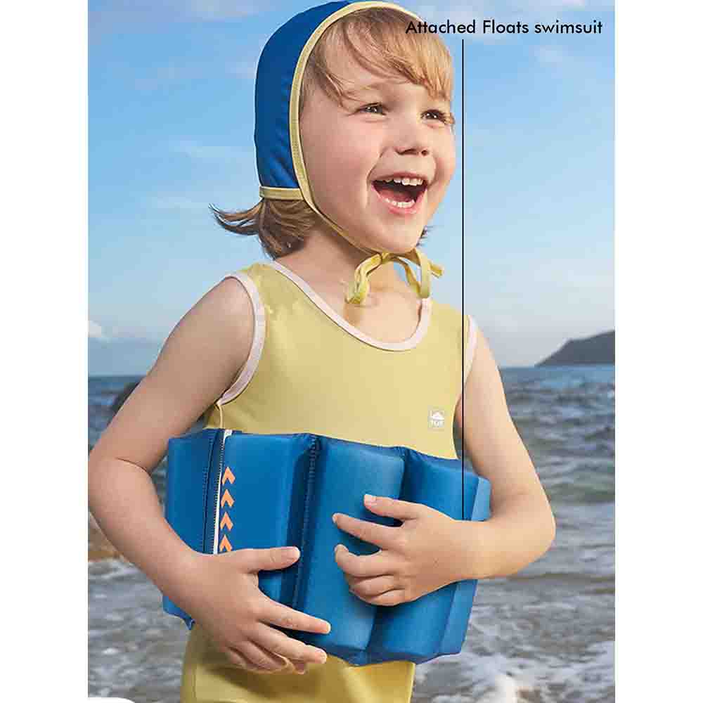 Little Surprise Box Yellow & Blue Kids Swimsuit with attached Swim Floats +tie up cap in UPF 50+