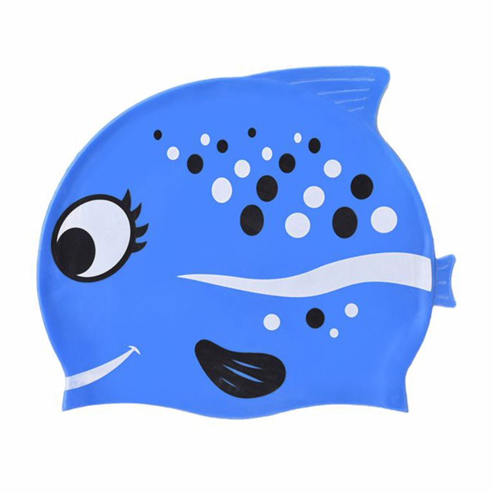 Black Polka Blue Fishy , Silicone Kids Swim Cap, 5 years -15 years