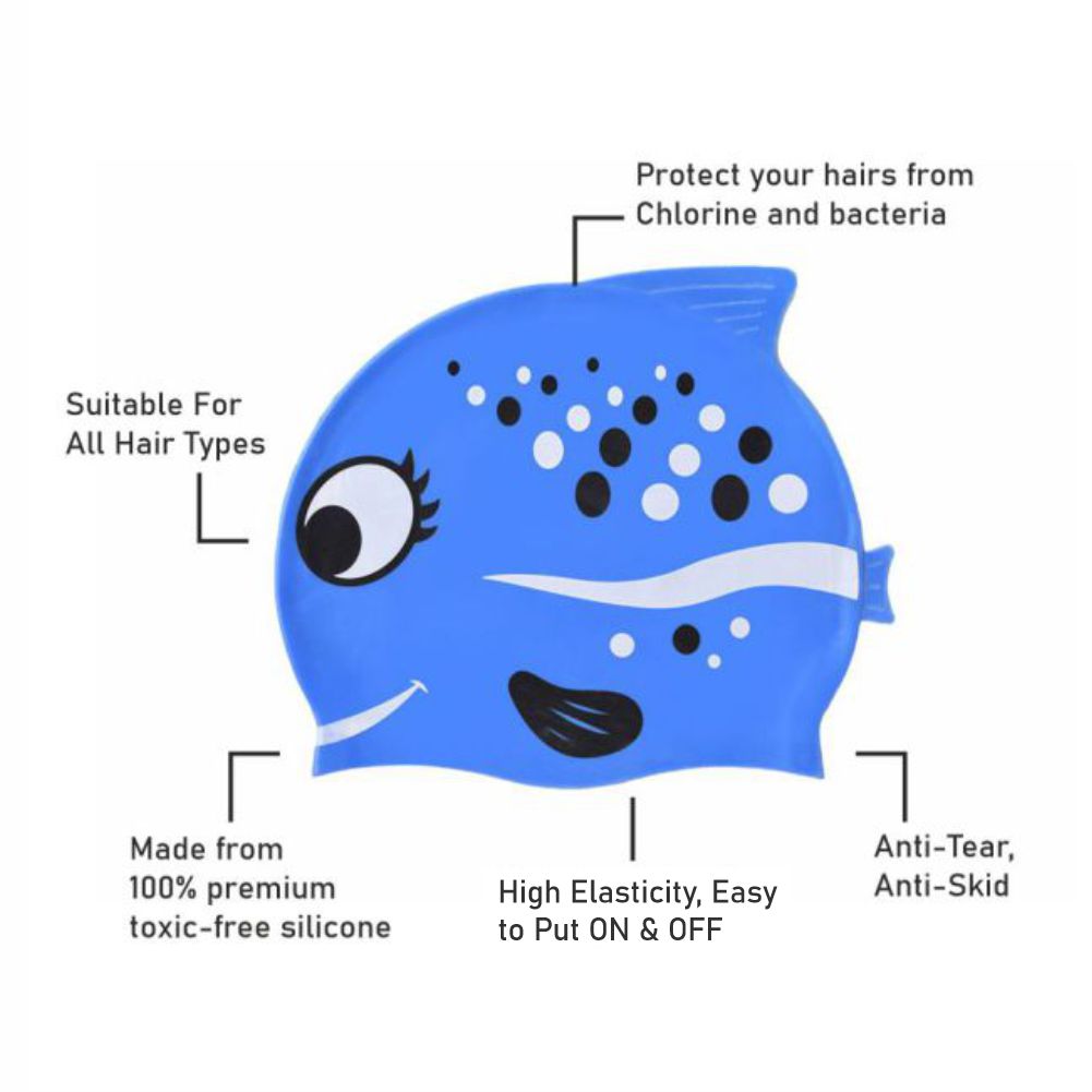 Black Polka Blue Fishy , Silicone Kids Swim Cap, 5 years -15 years