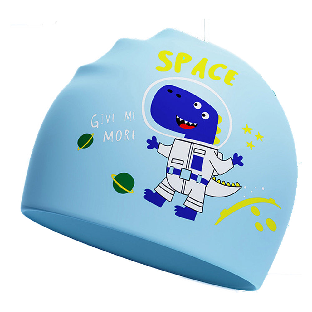 Blue Astro Dino, Silicone Kids Swim Cap, 4 years - 10 years