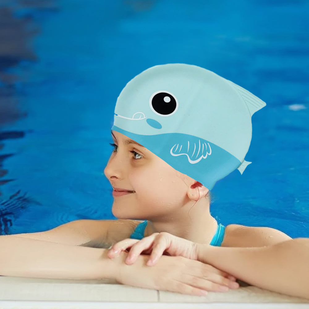 Little Surpise Box, Light Blue Fin Dual Color , Silicone Kids Swim Cap, 5 years -15 years