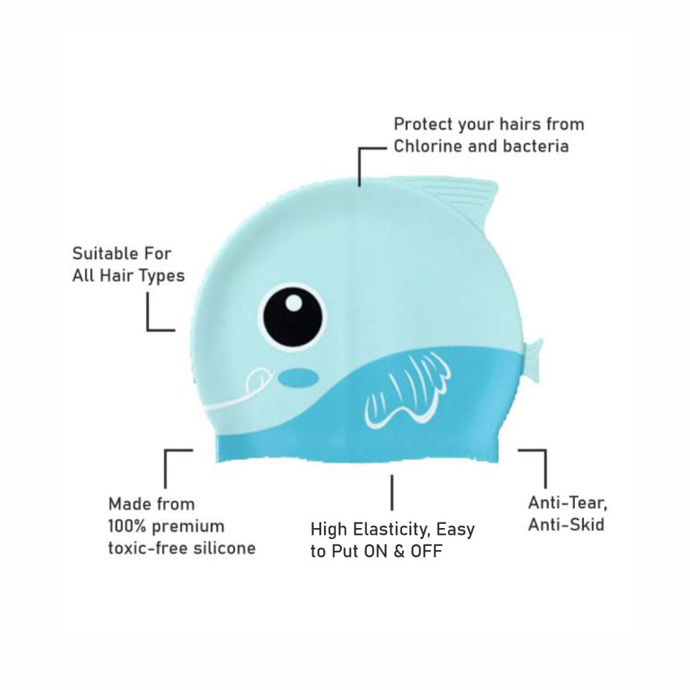 Little Surpise Box, Light Blue Fin Dual Color , Silicone Kids Swim Cap, 5 years -15 years