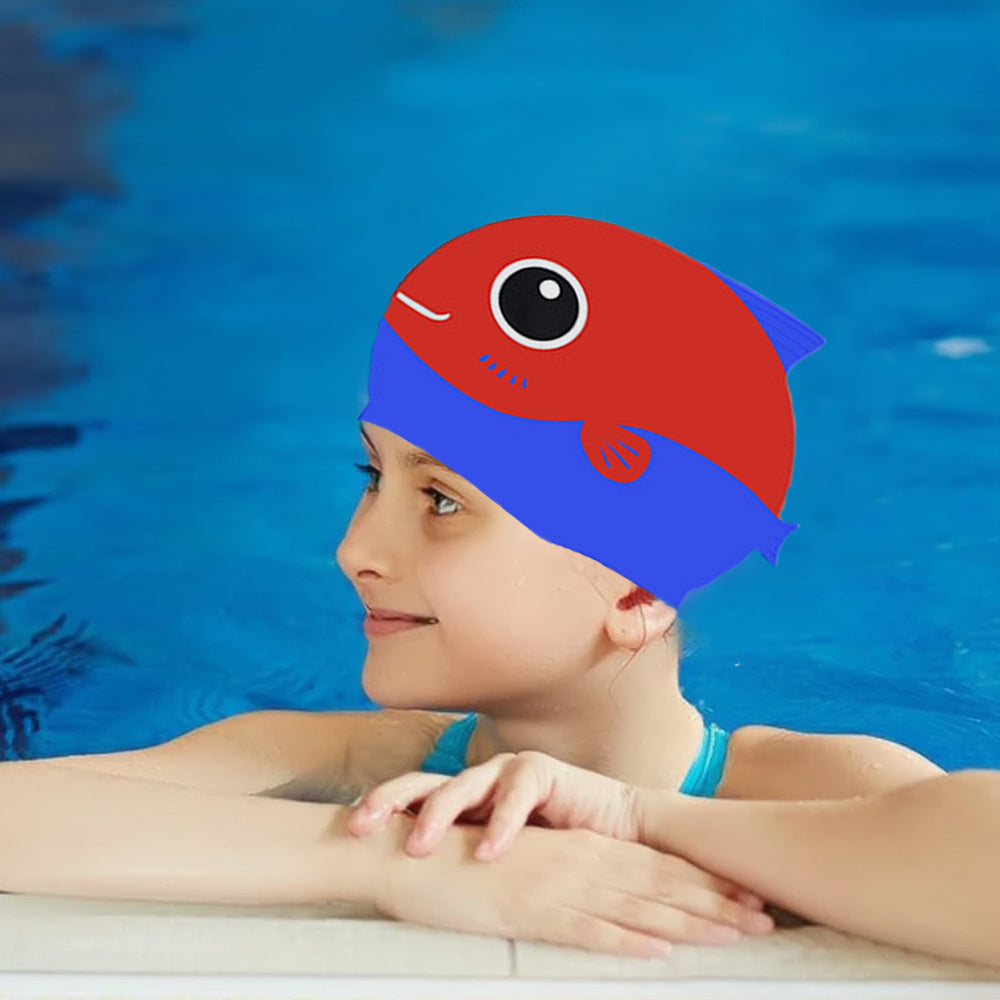 Little Surpise Box, Red Fin Dual Color , Silicone Kids Swim Cap, 5 years -15 years