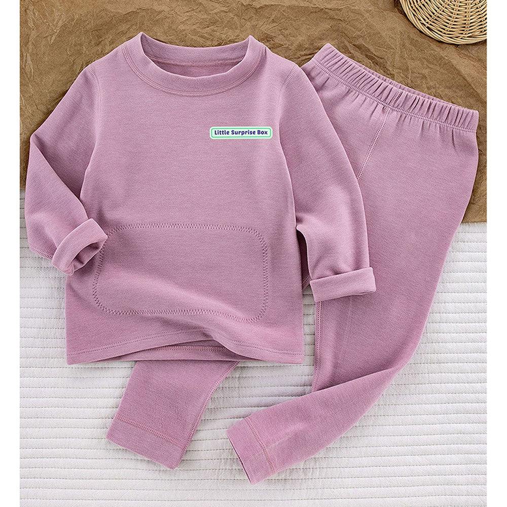 Little Surprise Box Mauve Round Neck Upper & Lower Body Thermal Winter Warmers For Kids-Set Of 2 Pcs