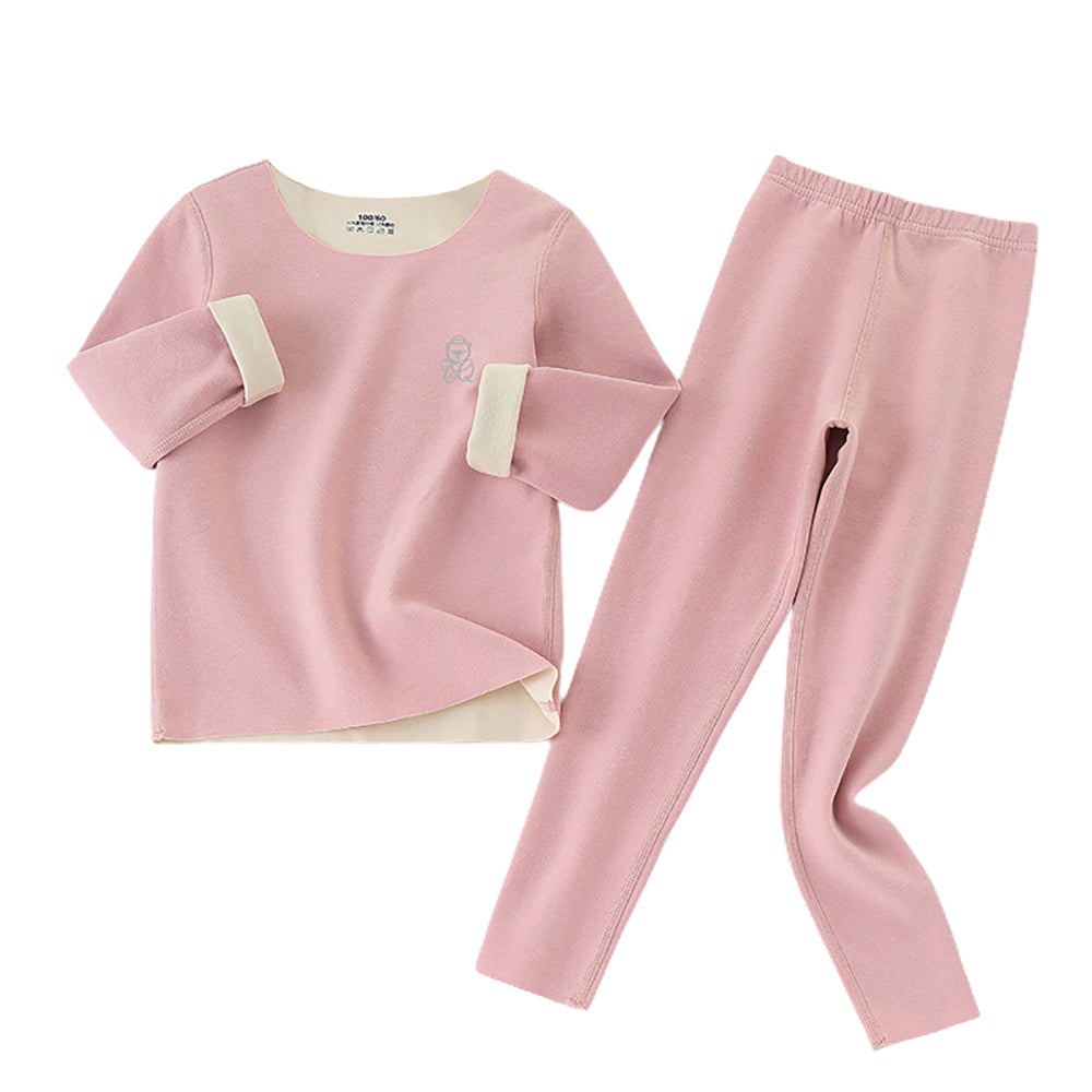 Pink Round Neck Upper & Lower Body Thermal Winter Warmers For Kids-Set Of 2 Pcs