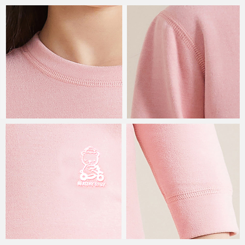 Pink Round Neck Upper & Lower Body Thermal Winter Warmers For Kids-Set Of 2 Pcs