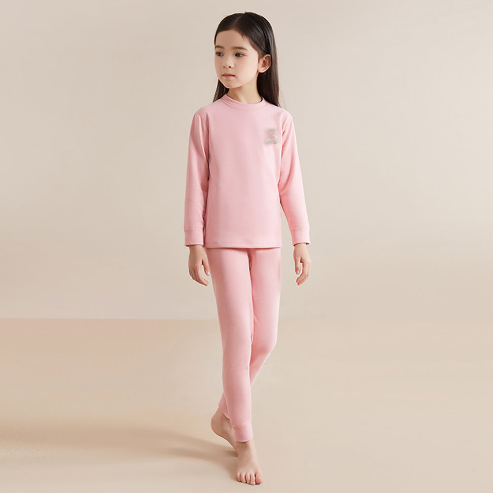 Pink Round Neck Upper & Lower Body Thermal Winter Warmers For Kids-Set Of 2 Pcs