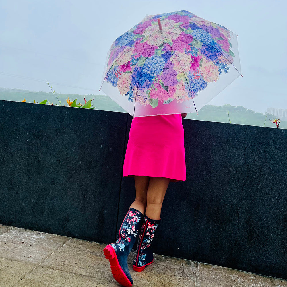 Little Surprise Box, Pink Hydrangea Bunch Floral Print Translucent All-Season Umbrella For Kids & Adults.