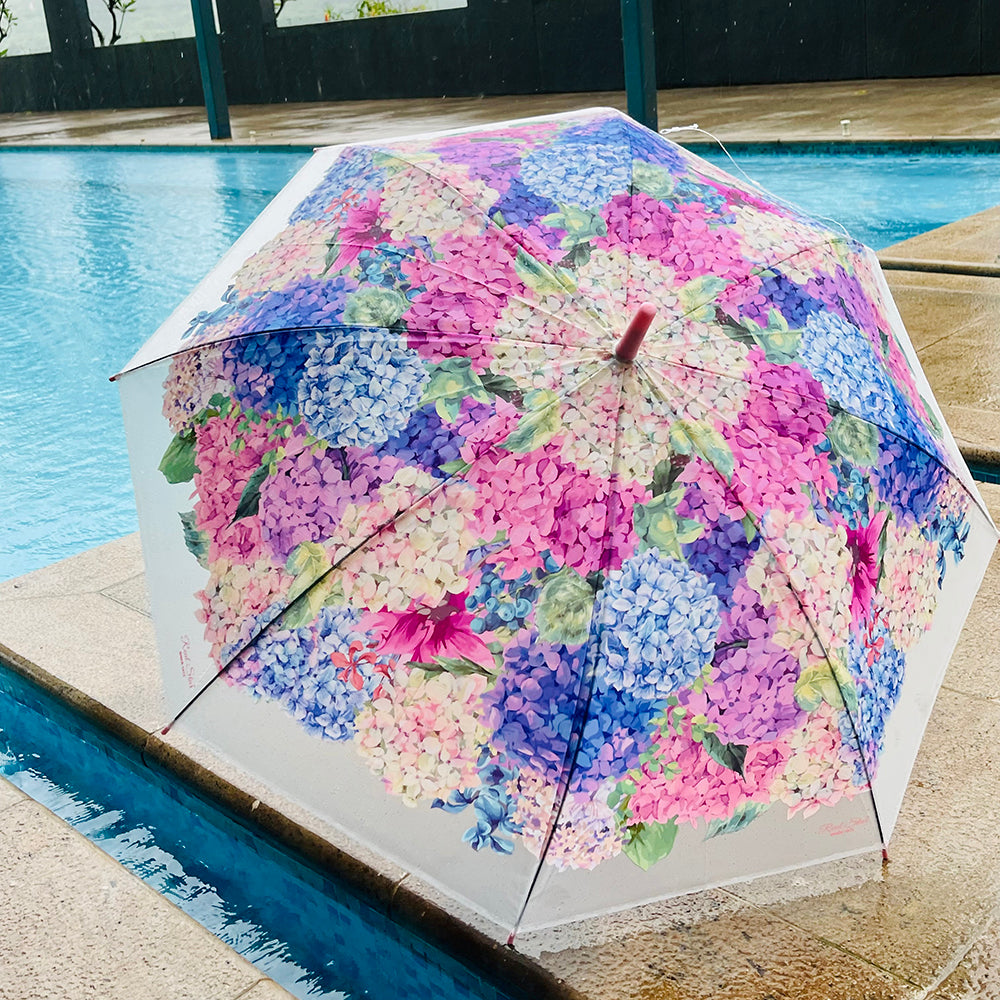 Little Surprise Box, Pink Hydrangea Bunch Floral Print Translucent All-Season Umbrella For Kids & Adults.