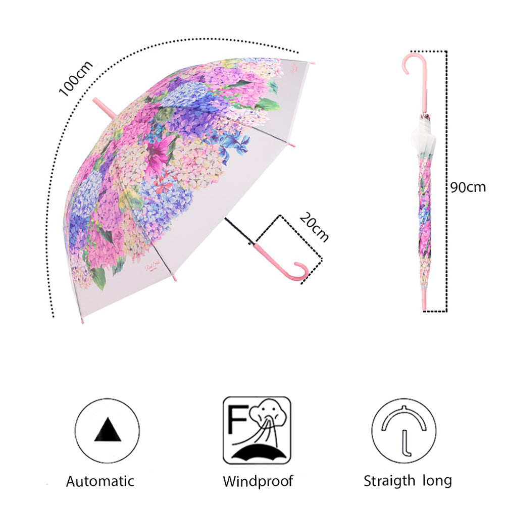 Little Surprise Box, Pink Hydrangea Bunch Floral Print Translucent All-Season Umbrella For Kids & Adults.