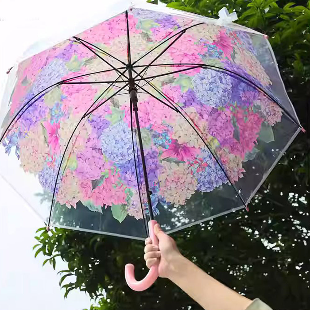 Little Surprise Box, Pink Hydrangea Bunch Floral Print Translucent All-Season Umbrella For Kids & Adults.