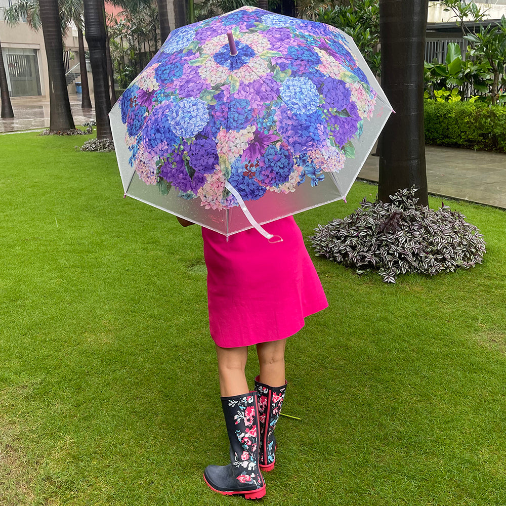 Little Surprise Box Purple Hydrangea Bunch Floral Print Translucent All-Season Umbrella For Kids & Adults.