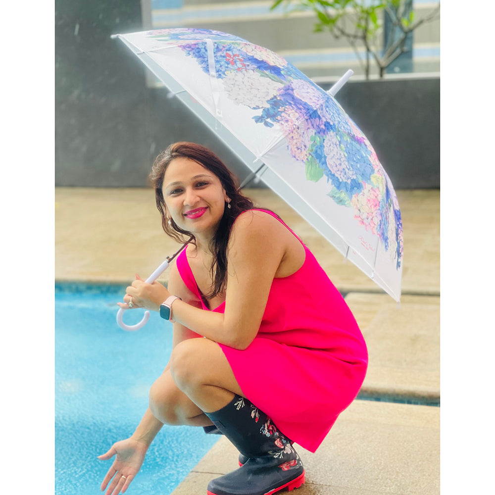 Little Surprise White Hydrangea Bunch Floral Print Translucent All-season Umbrella For Kids & Adults.