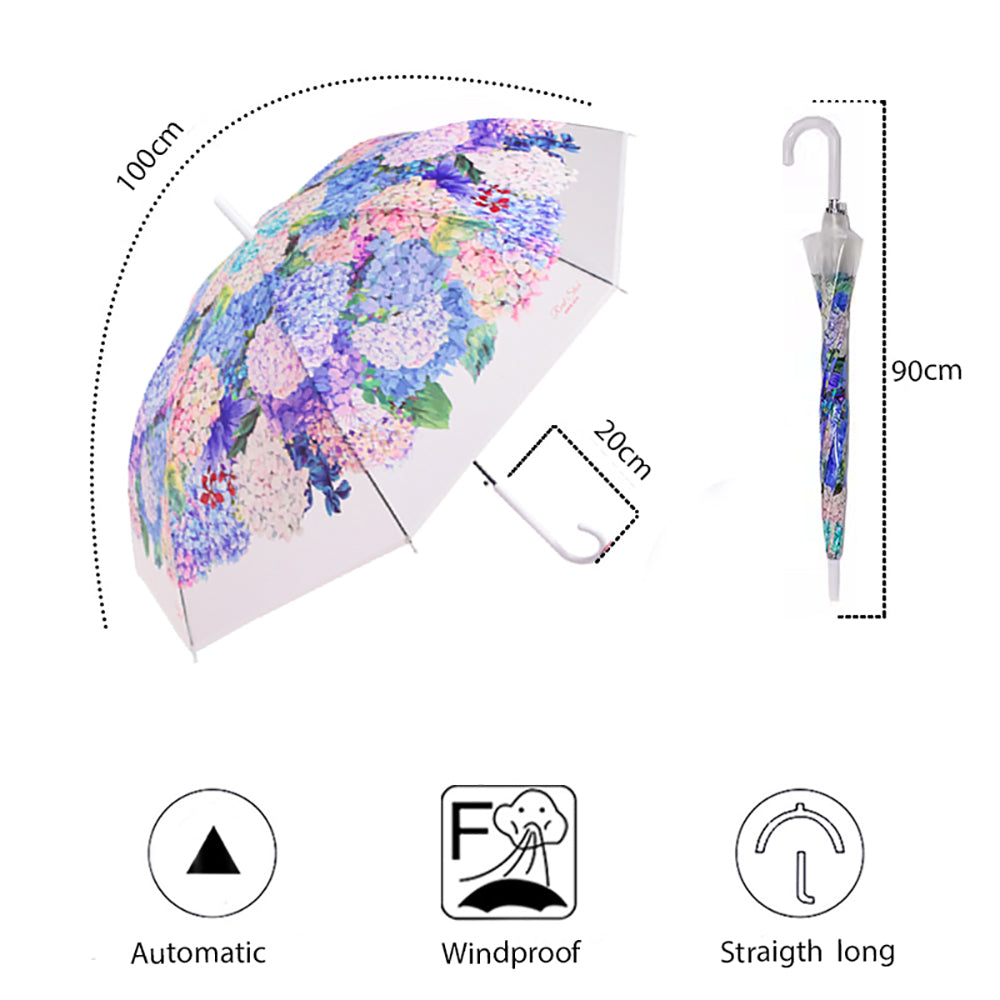 Little Surprise White Hydrangea Bunch Floral Print Translucent All-season Umbrella For Kids & Adults.